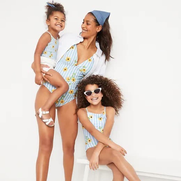 Blue striped swimsuit with yellow flowers - Picture 5 of 5